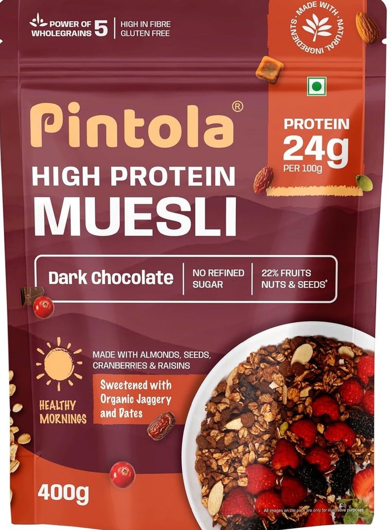 PINTOLA 24G Protein Added Muesli, Dark Chocolate 400g | 0% Refined Sugar | Gluten Free | Power of 5 Wholegrains | With Almonds, Seeds, Cranberries & Raisins | Sweetened with Organic Jaggery & Dates | Perfect Breakfast - Image 1